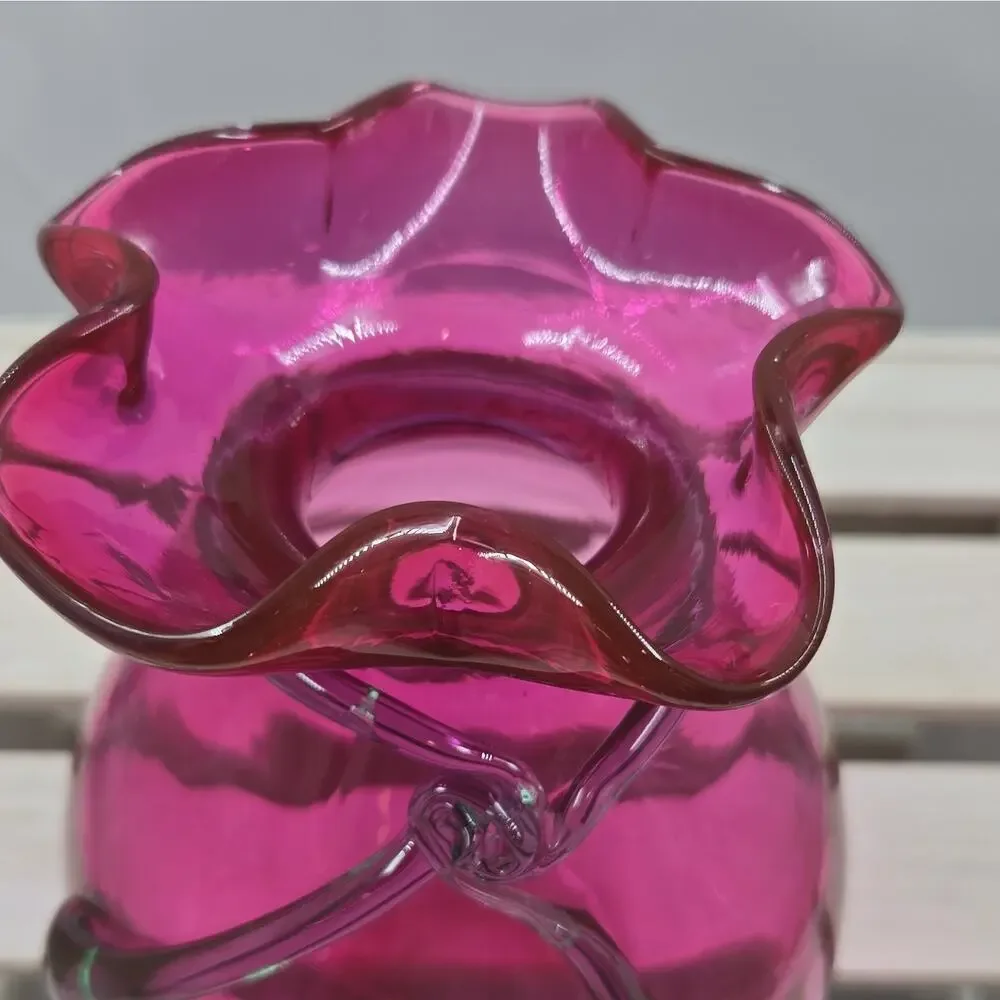 Pink & Green Art Glass Vase, Ruffled Rim, Glossy